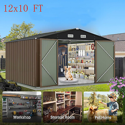#ad #ad 12x10 FT Outdoor Metal Storage Shed Garden Tool House W Lockable Doors and Vent $569.99