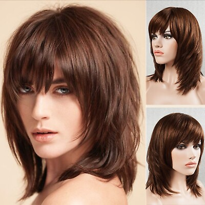#ad 14quot; Real Human Hair Full Wig Cap 130% Shag Wig with Bangs Dark Brown For Women $78.00