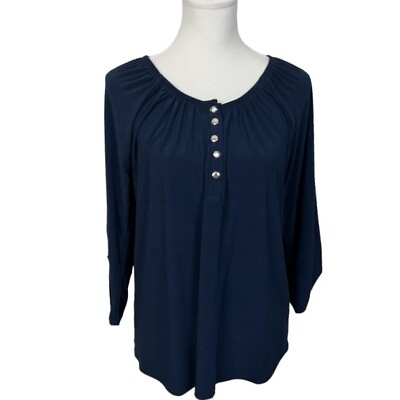 #ad Notations Womans Blouse Size L Solid Dark Blue Button Roll Tab 3 4 Sleeves Top $14.00