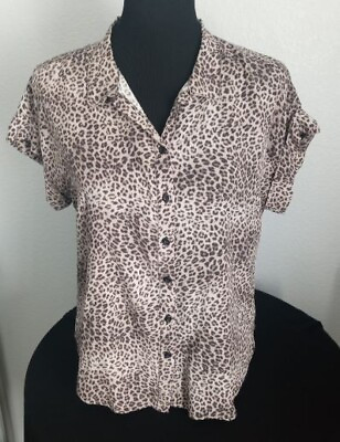 #ad Womens Leopard Print Top Size M Short Sleeve Button Up Shirt Alexander Jordan $10.20