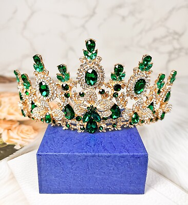 #ad Emerald Green Crown Queen Headband Gold Hair Jewelry Accessories Gift for Her $39.99