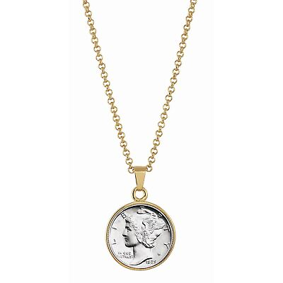 #ad NEW Silver Mercury Dime Goldtone Coin Pendant with 18quot; Chain 13594 $29.95