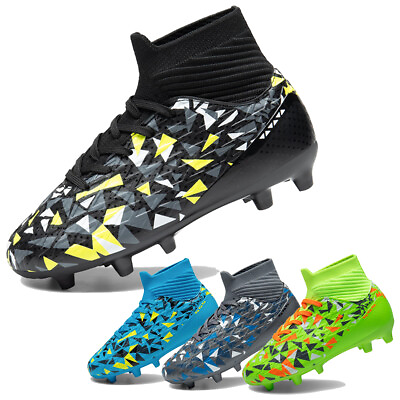 #ad Kids Boys Soccer Shoes High Top Football Cleats Youth Firm Ground Soccer Cleats $26.39
