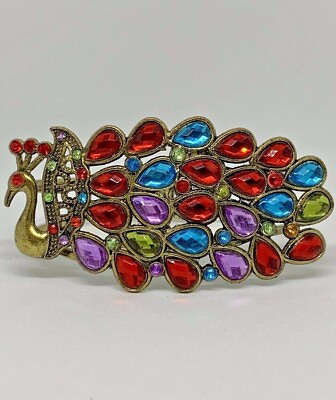 #ad Vintage Multi Color Rhinestone Peacock Hinged Cuff Bracelet Bangle 6.5 7 Wrist $15.99