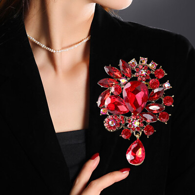 #ad Silver Tone Unique Red Flower Drop Pendant Rhinestone Crystal Brooch Pin $6.29