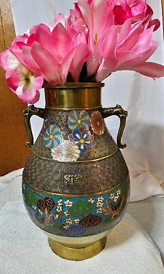 #ad Vtg Japanese Champleve Cloisonne amp; Brass Enamel Floral Pink Black Dragon 11 1 2quot; $105.00