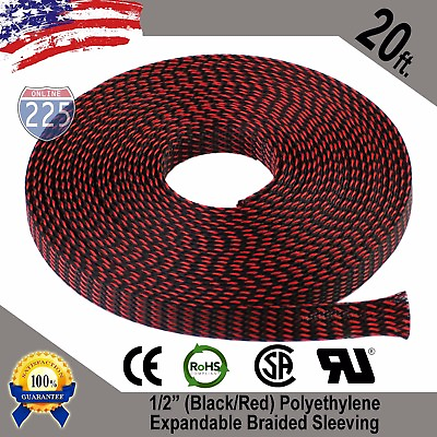 #ad 20 FT 1 2quot; Black Red Expandable Wire Sleeving Sheathing Braided Loom Tubing US $11.99