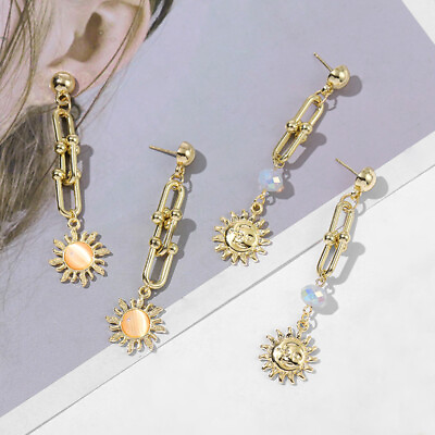 #ad Retro Sun Moon Long Pendant Drop Dangle Earrings for Women Link Chain Ear Studs $3.59