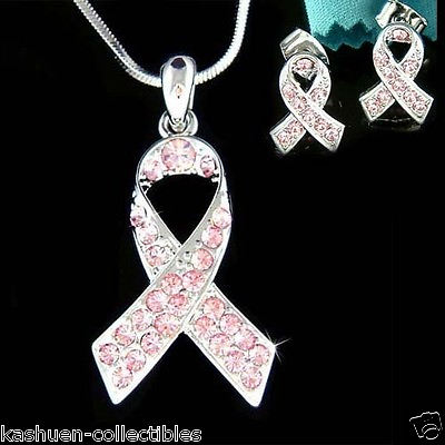 #ad Breast Cancer made with Swarovski Crystal Awareness Ribbon Necklace Earrings Set $86.00