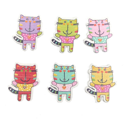 #ad 50PC Cartoon Cat Wooden Buttons for DIY Crafts and Sewing Assorted Colors $10.48