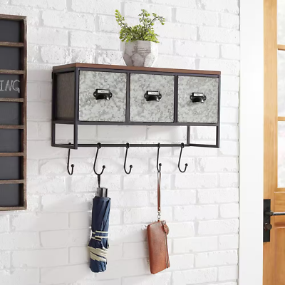 #ad Wood Black and Galvanized Metal Wall Organizer with 3 Cubbies and 5 Hooks $47.99