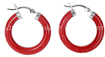 #ad Fashion Natural 30mm Red Coral 925 Silver Hoop Dangle Pierced Earrings AAA $7.06