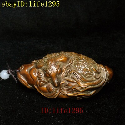 #ad L 3 inch Japanese boxwood hand carved animal fox statue netsuke collectable gift $19.99