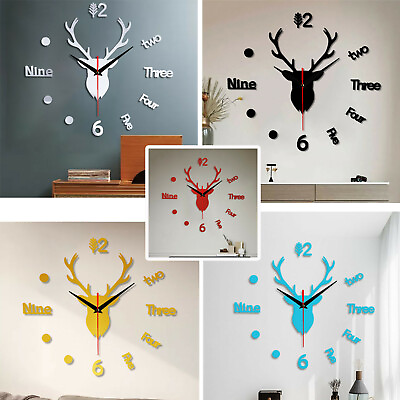 #ad Fashion Acrylic 3D Three Dimensional Decorative Clock DIY Deer Head Wall Clock $10.31
