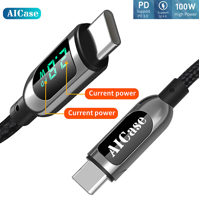 100W 5A PD USB C Cable LCD Power Display Type C Fast Charging Data Cord Charger $12.99