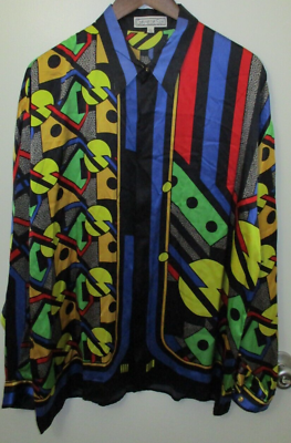 #ad Creme De Silk All Over Colorful Geometric Design Button Front L S Shirt L VTG $349.95