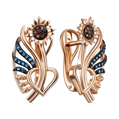 #ad New Earrings Top Flowers Heart Beauty Sunflower Ukrainian Jewelry 14k gold 585 $875.00