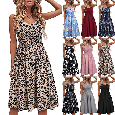 #ad Womens Leopard Floral Midi Dress Ladies Summer Boho Beach Holiday Sundress Size $14.59