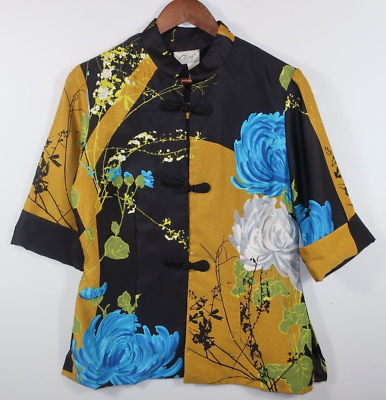 #ad Vintage Alice of California Floral Kimono Top Jacket Asian Oriental Black Gold M $44.99