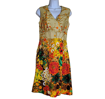 #ad Vtg 1970s Haleaka Fashions Hawaiian Dress Size S Beige Bright Floral Bark Cloth $29.95