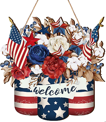 #ad Patriotic Welcome Door Decoration 4Th of July Mason Jar Wooden Sign Memorial Day $15.78