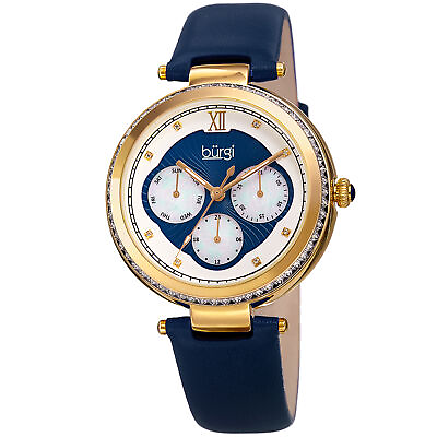 #ad Women#x27;s Burgi BUR182BU Multifunction Crystal Gold Tone Blue Leather Strap Watch $64.66