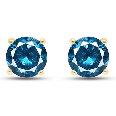 #ad 1.00 Ct Round Cut Blue Stud Earrings 10K Yellow Gold $140.48