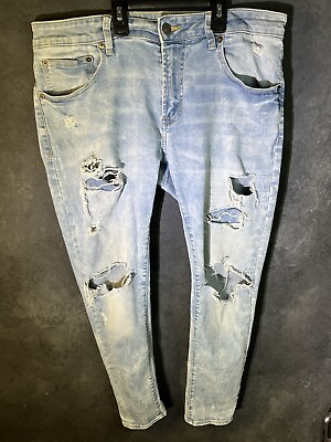 #ad American Eagle Distressed Mens Size 34x32 Light Wash Stretch Denim Skinny Jeans $19.95
