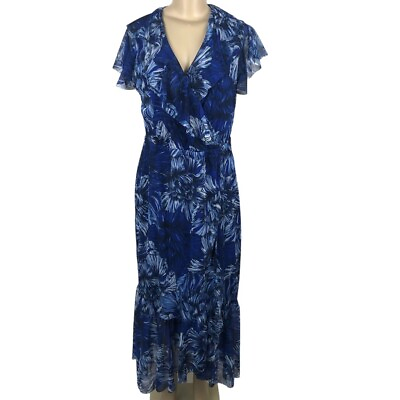 #ad APT.9 Faux Wrap Maxi Dress Blue Floral Print Ruffle Short Sleeve Tropical P L $22.50