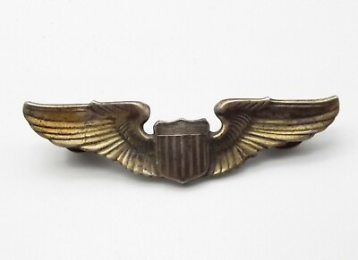 #ad Original WWII US Army Air Force Pilot 3quot; Wings Sterling Silver Hat Badge $99.99