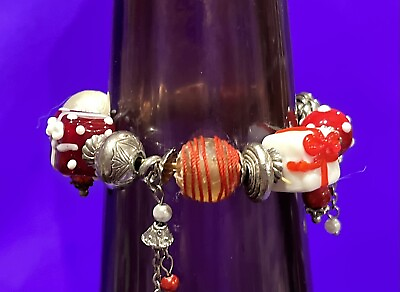 #ad Red with White Dots Glass Beaded Dangle Elastic Stretch Bracelet SALE $10.00