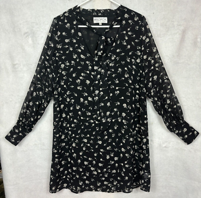 #ad Wildfox Adore Women Large Mini Dress Black White Floral Print L S V Neck Tie USA $54.14