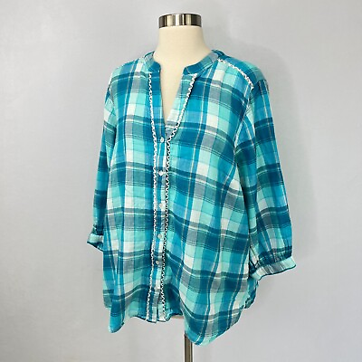 #ad Soft Surroundings Womens 1X Sun Soaked Top Blue Plaid 3 4 Sleeve Cotton $24.99