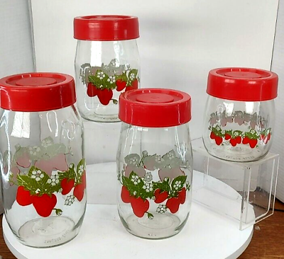 #ad Carlton Glass 4 Strawberry Screw Lids 2L 1.5L 1L 3 4L VTG Pantry Canisters Jars $42.00