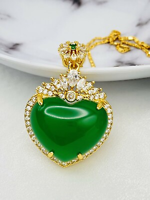 #ad Jade Crystal Charm Pendant Necklace With 18K Gold Plate Heart Shape Gemstone $14.95
