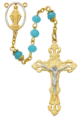 #ad Aqua Bead Rosary Rhodium Center And INRI Crucifix 6mm Beads First Holy Communion $79.99