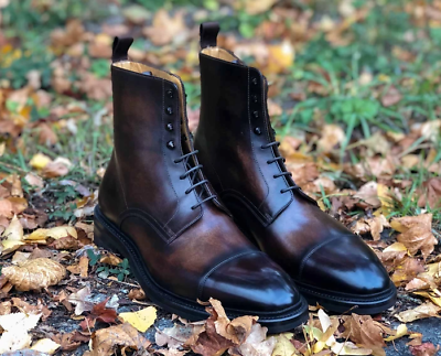 #ad Handmade Mens Brown handmade burnish cap toe boots Men lace up ankle boot $189.99