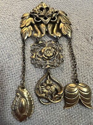 #ad VTG BRASS REPOUSSE STATEMENT BROOCH WITH 5 DANGLES CHATELAINE CHAIN INTRICATE $75.00