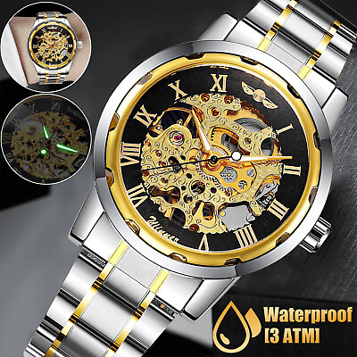 #ad Men#x27;s Stainless Steel Luxury Gold Tone Skeleton Automatic Mechanical Wrist Watch $19.98