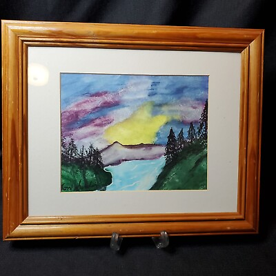 #ad Signed Expressionist Watercolor Painting Icy Mountain River 16x13 Framed Matted $129.00
