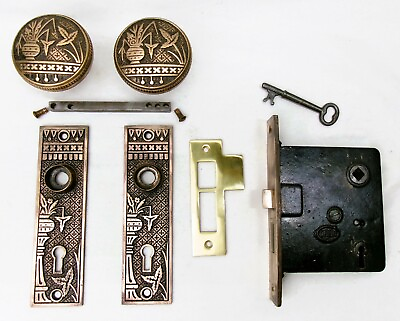 #ad Antique Door Set Victorian Eastlake Backplate Knob Mortise Lock Key Reclaimed $199.99