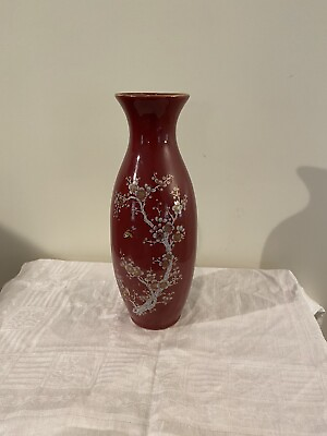 #ad Ceramic Japanese Vase Vintage Tao Mei Vase Red Flowers and Birds Gold Trim 11quot; $24.00