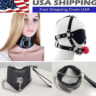 #ad SM Pu Leather Collar Slave Chains Ball Mouth Gag Blindfold Lockable Erotic Adult $21.89