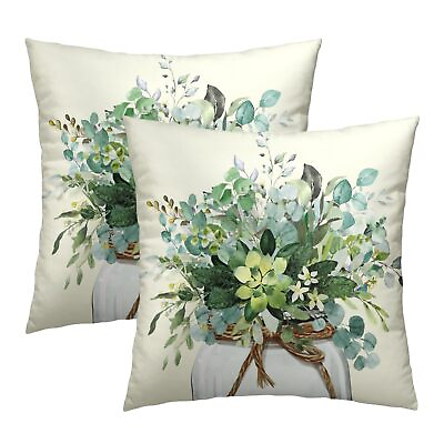 #ad Green Plant Leaf Pillow Covers 20x20 Inch 2Pcs Watercolor Eucalyptus Leaves ... $27.04