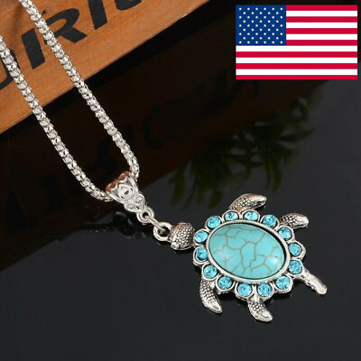 #ad Boho Silver Sea Turtle Charms Vintage Turquoise Crystal Pendant Necklace US $1.88