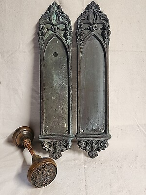 #ad Large Antique Ornate Bronze Brass Textured Gothic Salvage Door Plates amp; Knob $425.00