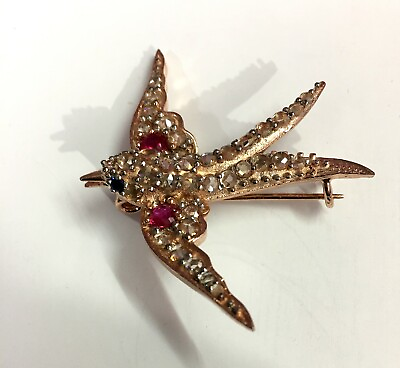 #ad Victorian 0.64ct Rose Cut Diamond Ruby Blue Sapphire Halloween Swallow Brooch $597.60
