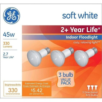 #ad 3 NEW GE 45 Watt R20 BR20 DOUBLE LIFE Light Bulb Soft White Indoor Flood Track $14.64