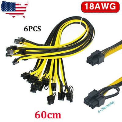 #ad #ad 60cm 6pcs 6 Pin to 8 Pin 62Pin 16AWG PCI E Cable Breakout Mining Power Supply $13.98