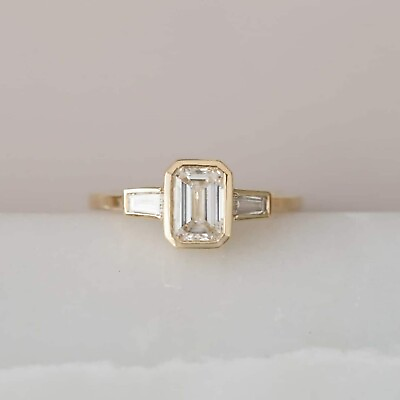 #ad Three Stone Silver Bezel Set Emerald Cut Moissanite Engagement Ring For Women C $237.05